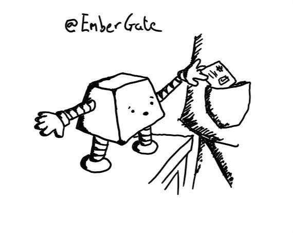 a trapezoid robot with a worried expression, standing on an end table and reaching up to place a railcard in the coat pocket of a passing person.