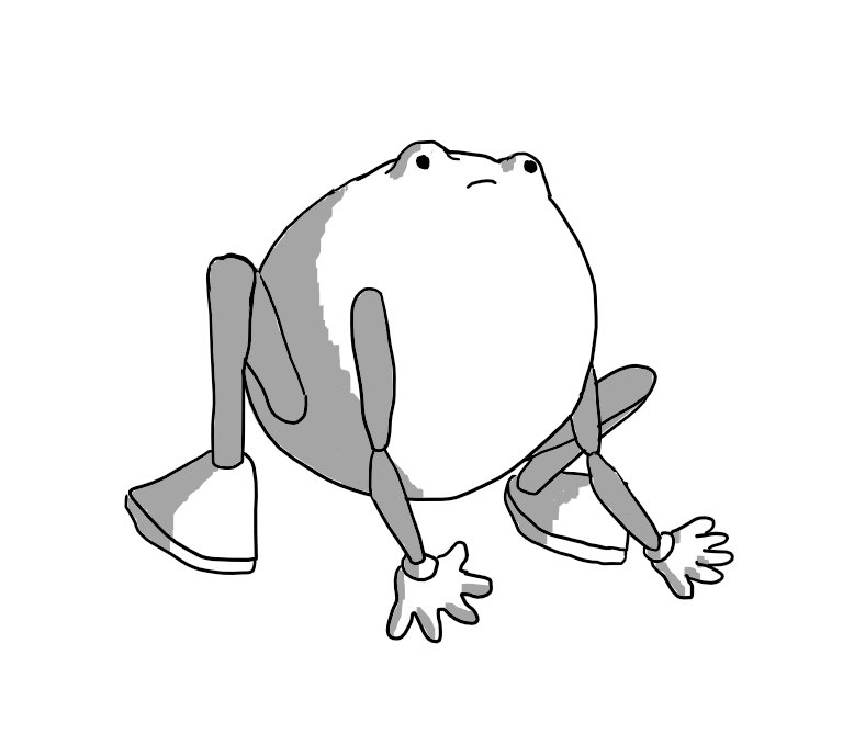 A robot frog with an almost spherical body and two rounded bumps on its top in which its eyes are set. It has jointed limbs, the hind set positioned in a crouch while the fore set rest on the ground in front of it. Its mouth is set in a slightly grumpy expression.