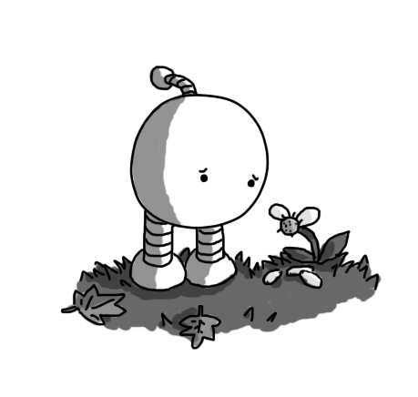 A spherical robot with banded legs and an antenna, no mouth but a very sad expression. It's looking down at a flower that's losing its petals and is surrounded by fallen leaves in the grass.