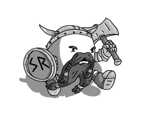 An angry round robot dressed like a stereotypical fantasy dwarf: it has a long, braided beard, bushy eyebrows, armoured gloves, steel-toecap boots, a horned helmet and is rushing forward brandishing a double-headed axe. It also carries a round shield with "SR" in runic script on the front.