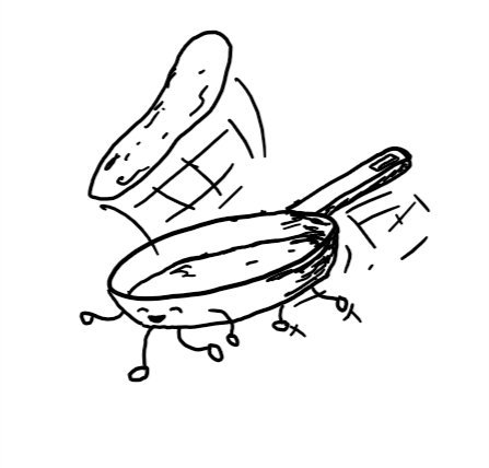 a frying pan robot with two little arms and four legs, joyfully bucking up its back end in order to flip a pancake