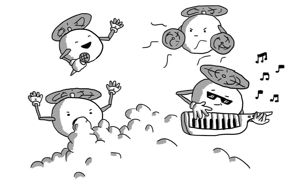 Four spherical robots held aloft by propellers on their tops. One has a microphone it is cheerfully speaking into, one has fans in place of hands, one wears sunglasses and is playing a key-tar, while the fourth is pumping out dry ice from its mouth.