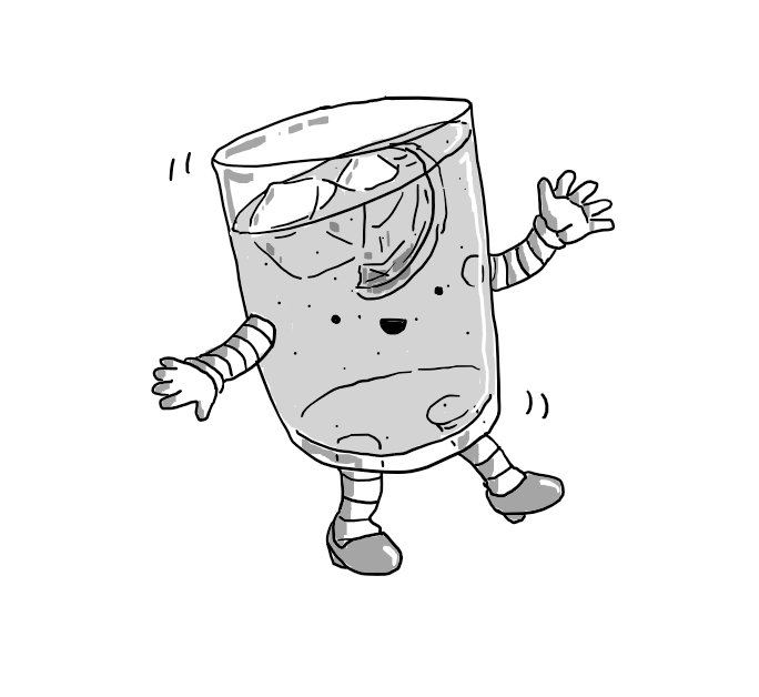 A robot in the form of a glass of gin and tonic, with two ice cubes and a slice of lemon floating in it. It has banded arms and legs and is tottering along on a pair of high heels, while its face on the front of the glass looks happy but a tad lopsided.