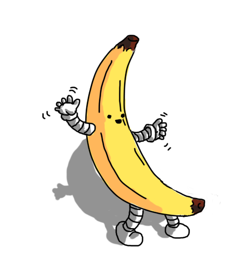 A robot in the form of a yellow banana with banded arms and legs, smiling and waving its arms.