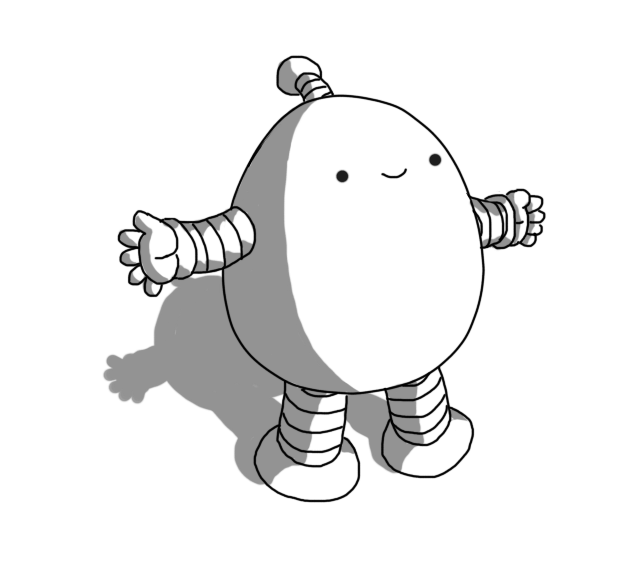 An ovoid robot with banded arms and legs and an antenna, standing and smiling with its arms spread.