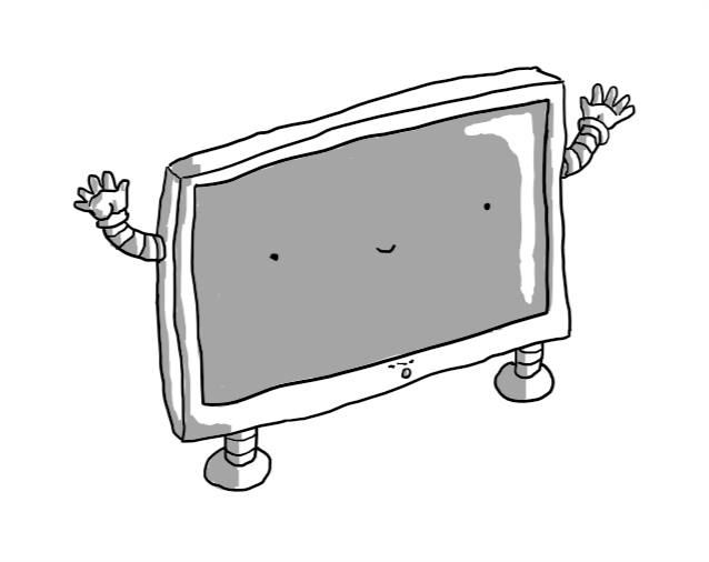 A robot in the form of a flat-screen TV, with little arms on either side and legs on the bottom. Its face is projected by the screen.