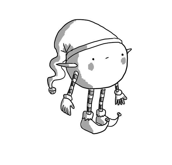 A spherical robot with thin, banded arms and legs. The bands alternate dark and light stripes and it wears curly-toed shoes with bells on the end and a hat with a long drooping top, also sporting a bell. Two pointed ears are stuck on either side of its body and it has rosy cheeks. Its facial expression is best described as ambivalent.