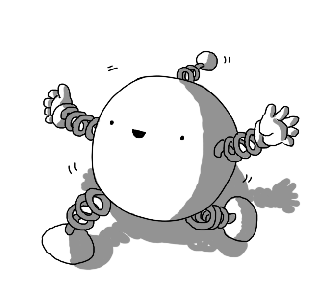 A spherical robot with springs for arms and legs and a spring antenna, happily bouncing along.