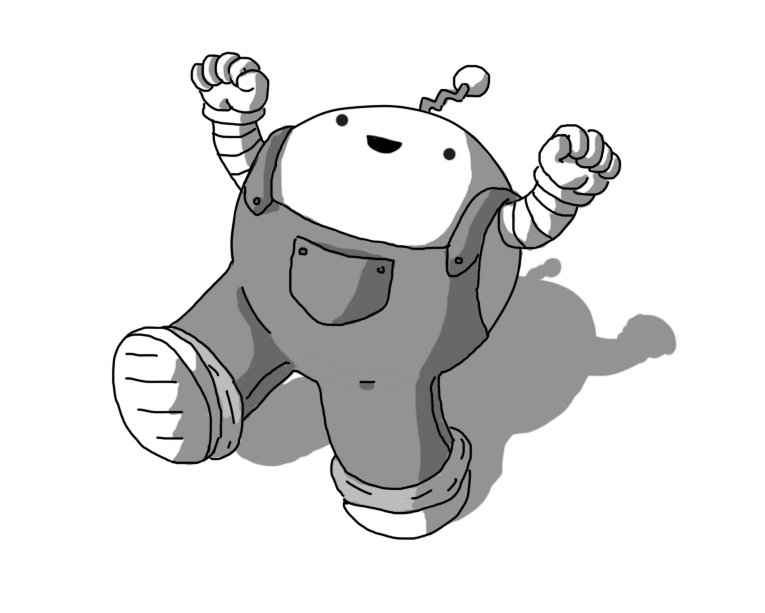 A spherical robot with banded arms raised triumphantly in the air and a zigzag antenna. It's wearing dungarees and is walking along, apparently very pleased with itself.