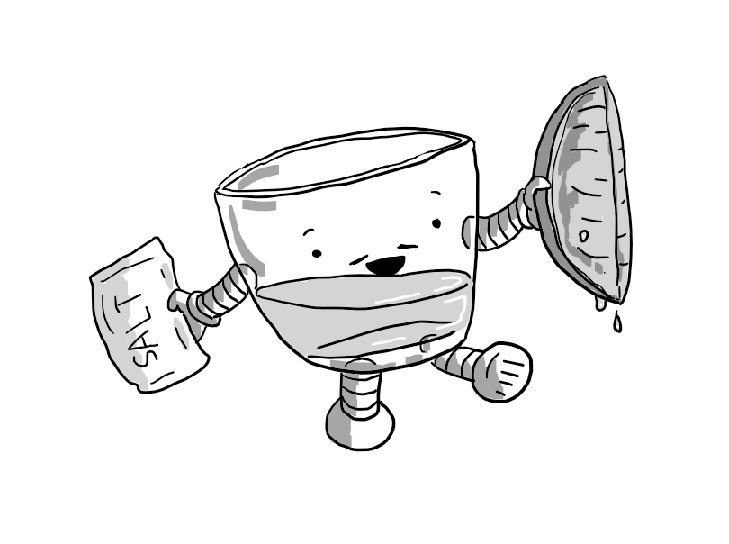 A robot in the form of a shot glass with banded arms and legs. It is partly full of fluid and holds a sachet of salt and a slice of lime in its hands and is teetering forward with a smile on its face. It also has a pencil mustache.