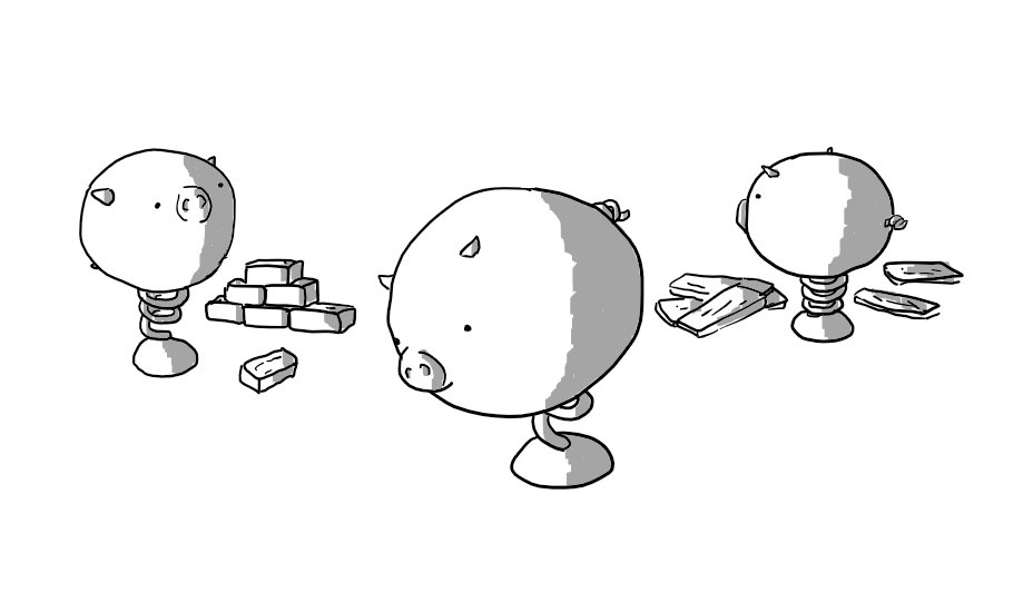 Three robots in the form of spherical pigs with little snouts, ears and curly tails, but instead of legs they each have a single spring mounted on one rounded foot. One is looking at the ground, one is standing by a pile of bricks and one is inspecting several planks of wood.