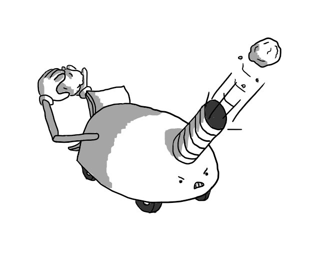 A longish, domed robot with four wheels on its base. On its front, above its furious face, is a hollow cylinder angled upwards and from which is being hurled a snowball. At the rear of the robot, two jointed arms work to shape another snowball, while a hinged hatch is open, presumably to allow each new missile to be loaded into the cannon.