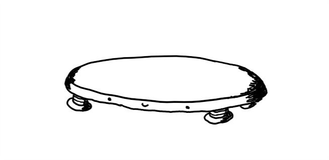A disc-shaped robot with a happy face on its edge and four little banded legs on its underside.
