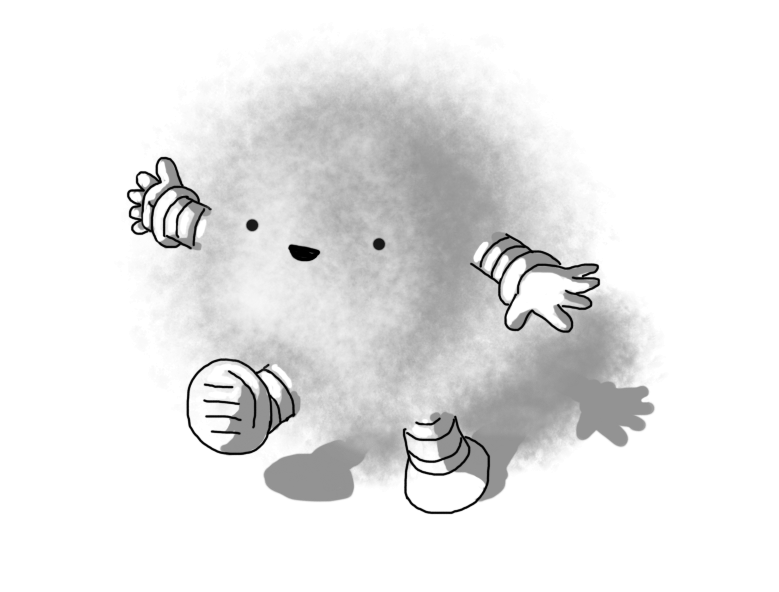 A robot in the form of a hazy, indistinct spherical cloud with banded arms and legs and a happy face in the middle.