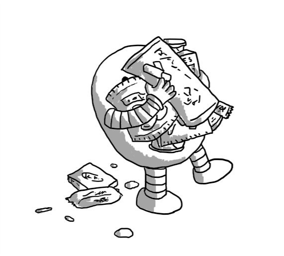 A tottering round robot overburdened with packaged snacks, some of which have fallen to the ground behind it.