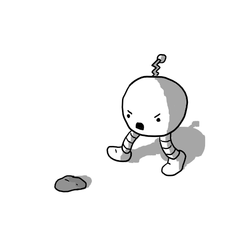 A spherical robot with two banded legs and a zig-zag antenna furiously yelling at a small rock.