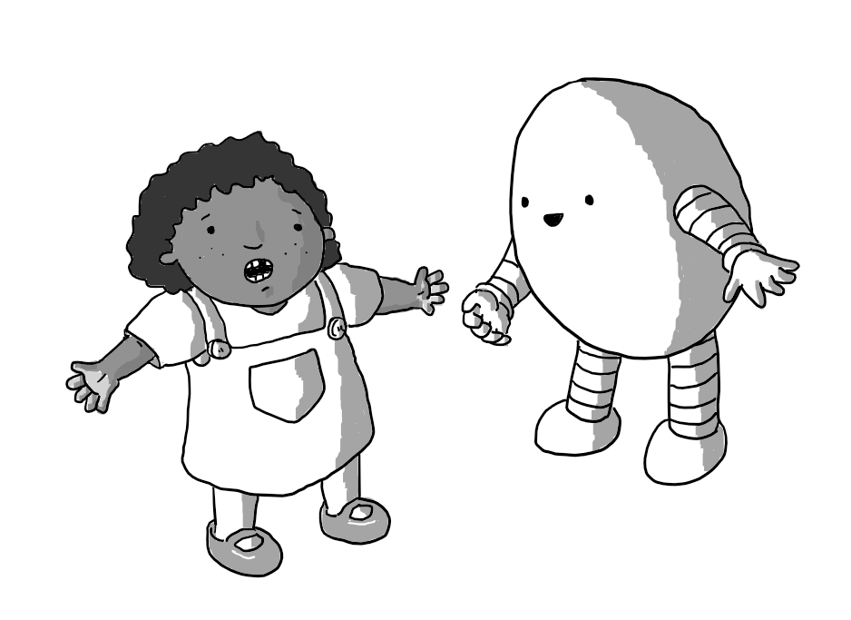 A gap-toothed little girl wearing a dungaree dress stands with her hands outstretched, imploring while an ovoid robot with banded arms and legs leans towards her, happily imparting an answer.