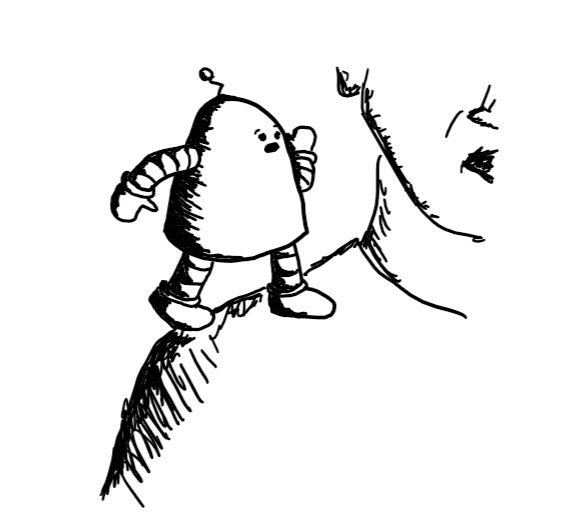 a rounded robot standing on someone's shoulder with one hand held to their mouth as if imparting a secret and a concerned expression on its face