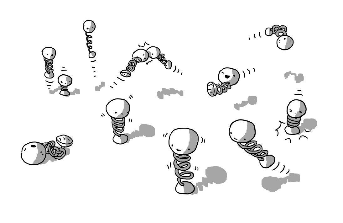 Twelve robots, each consisting of a spherical body, with a spring on the underside and a small, rounded foot. They are in various states: two are just wobbling gently, a couple are mid-bounce, one is landing, two are banging into one another, three are having a contest to see how high they can jump and one unfortunate robot is on the ground with its spring tangled up.