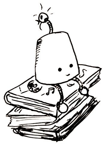 A thimble-shaped robot with a blinking light on the end of its antenna, sitting on top of a small pile of books which are presumably the source of its knowledge.
