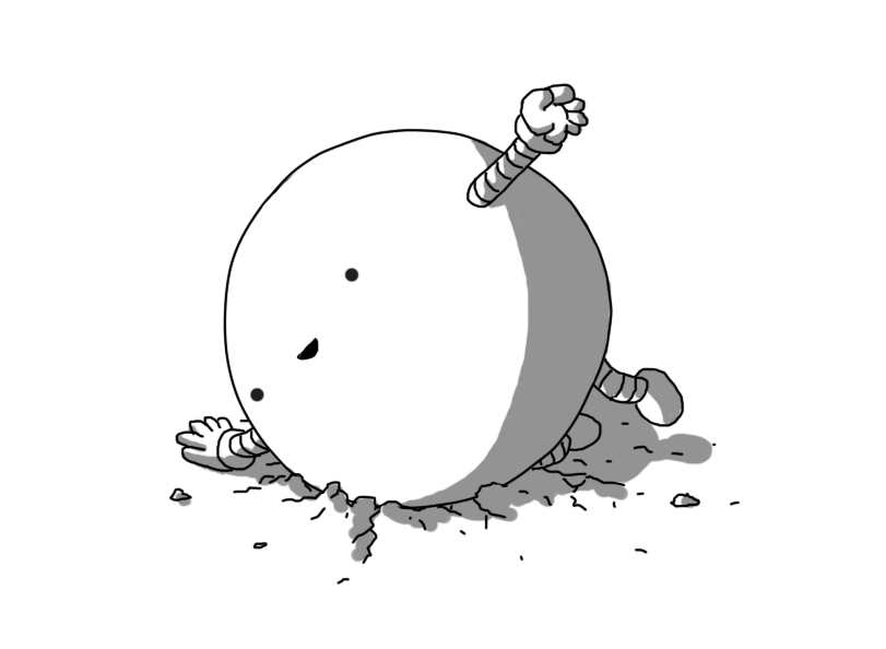 A spherical robot with small banded arms and legs, lying at an angle on the ground, which is visibly cracked beneath it. It's smiling happily.