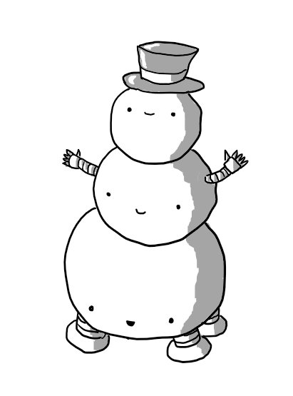 Three smiling spherical robots of decreasing size, piled up like a traditional cartoon snowman. The topmost robot wears a top hat, the middle robot has little banded arms sticking out and the bottom robot has four sturdy legs on its underside. They all have faces but only the top robot's is positioned centrally to create the snowman's face.