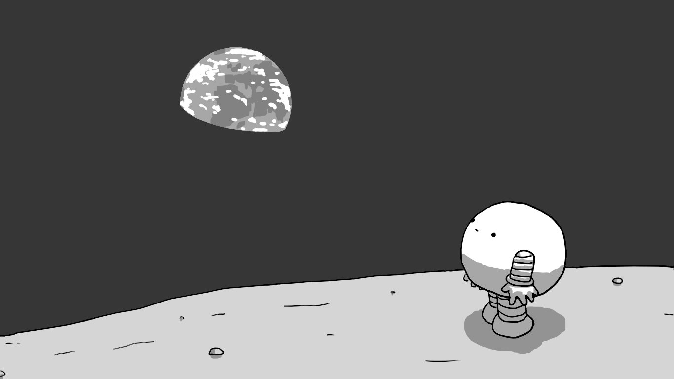 A spherical robot with banded arms and legs, standing on the bare surface of the moon, looking up wistfully at the partially-shadowed Earth.