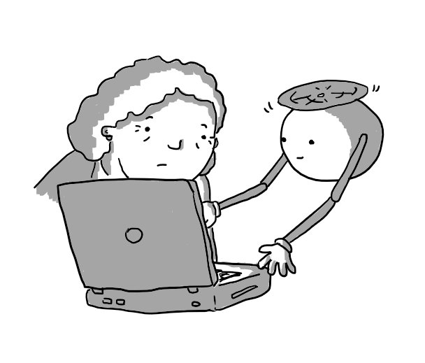 A spherical robot held aloft by a propeller on its top, with two banded arms floating in front of a laptop and gesturing towards the screen. Beside it, an older woman looks on with a concerned expression.