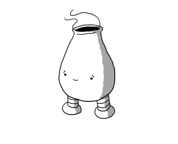 A robot shaped like a pear with a lipped hole at the top from which some sort of vapour is wafting. It has two banded legs at the bottom and an expression of gentle sympathy on its face.