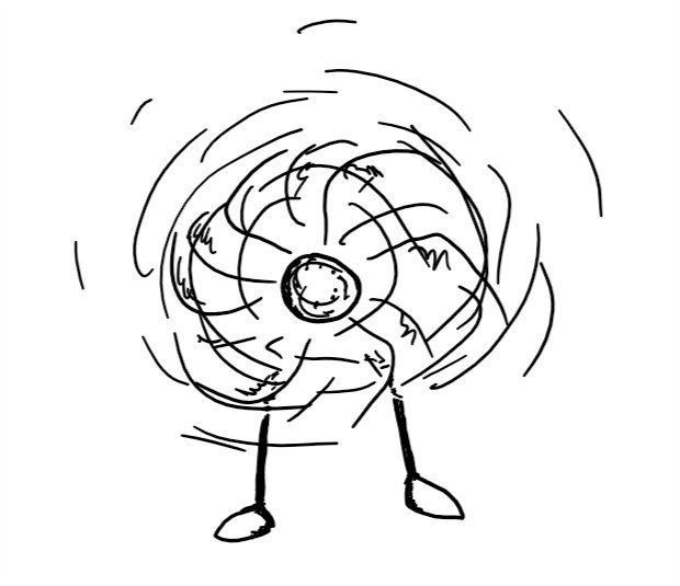 a robot on two thin legs whose head is at the centre of a large, motorised fan. it's spinning rapidly around and its face is blurred by the motion.