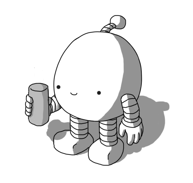 A smiling, roughly spherical robot with banded arms and legs and an antenna, holding out a featureless cylinder.