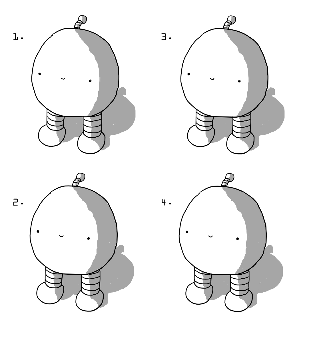 Four numbered images of a round, vacantly smiling robot with two banded legs and an antenna. Though ostensibly different colours, the grayscale nature of the images means they are identical.