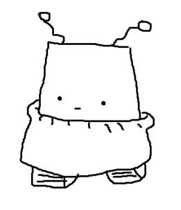 A trapezoidal robot with two zigzaging antennae, caterpillar tracks and a tiny little face with a blank expression. It's wrapped up in a jumper and looks very cozy.