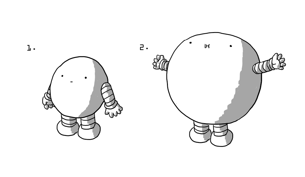 A diagram of a robot in two stages. The first shows a round robot with banded arms and legs with a neutral expression. The second is the same robot with its body massively inflated and its cheeks puffed out.