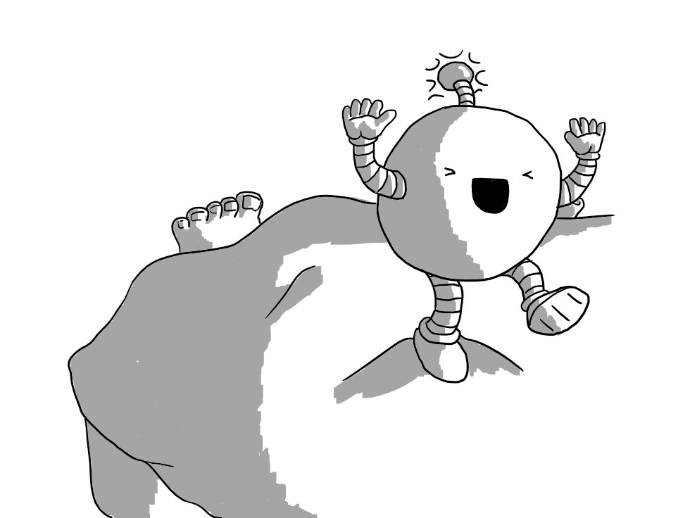 A round robot with banded arms and legs, lifting its hands in the air as it yells joyously and stomps around on some bed covers from which protrude someone's feet. It also has an antenna with a flashing light on the end.