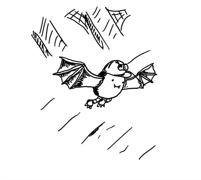 an ovoid robot with bat-like wings, little clawed feet and a hardhat with miners' lap  flying through a darkened attic. It's smiling and has little vampire fangs.