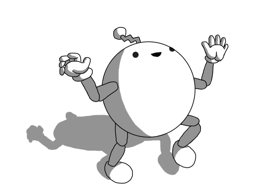 A spherical robot with jointed arms and legs and a zigzag antenna, looking upwards, smiling and doing a sort of weird dance.
