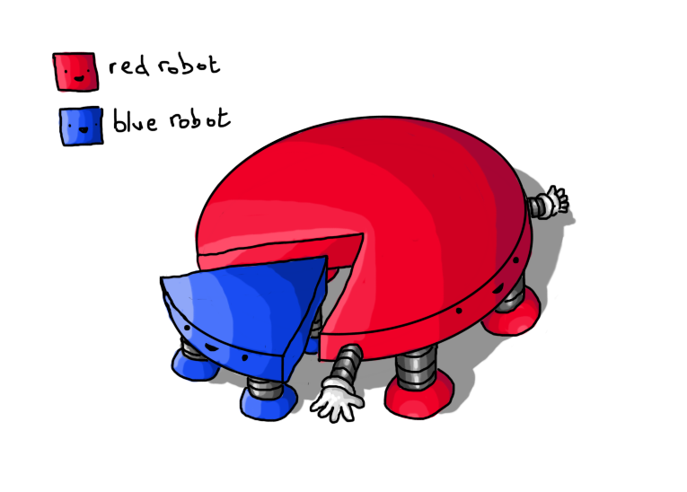 Two coloured robots in the form of a segmented pie chart, one of which (the red one) is most of the circle, the other of which (the blue one) is a small wedge standing slightly apart from it. Both have a number of banded legs on their undersides and the red robot has small arms. Their smiling faces are on the outer edges of their discs. Above them is a key in the form of two squares of the same colours with faces on.