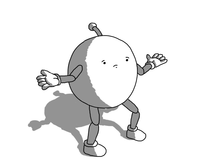 A round robot with joined arms and legs an an antenna, shrugging sadly.