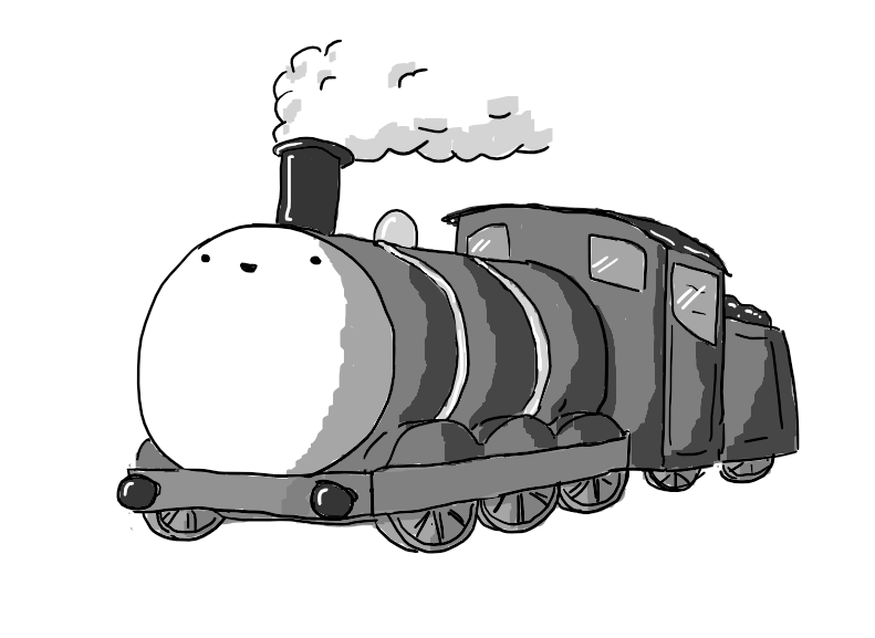 A robot in the form of a classic steam train with a big, smiling face on the front a la the engines of Sodor.