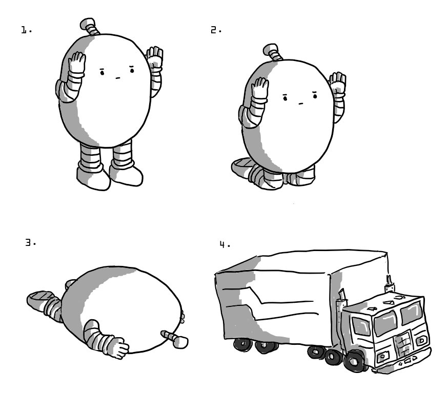 Four numbered pictures showing the steps of a transformation sequence. In the first, an ovoid robot with banded arms and legs stands with its hands raised up to either side of its face. In the next it's on its knees, in the next it's tipped over onto its face and then, finally, an Optimus Prime-style truck and trailer just takes the robot's place.