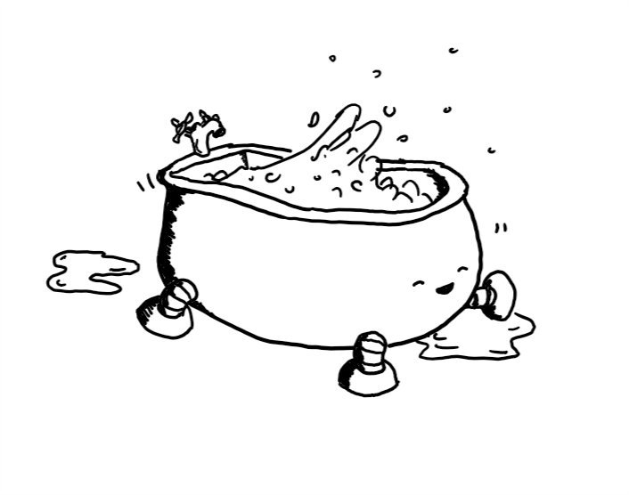 A robot in the form of a deep, free-standing bathtub with four short legs. Its face is at the end without the taps and it's smiling happily with its eyes closed as it dances along with one front leg raised. As a result, the water inside it is sloshing everywhere and there are puddles on the floor around it.
