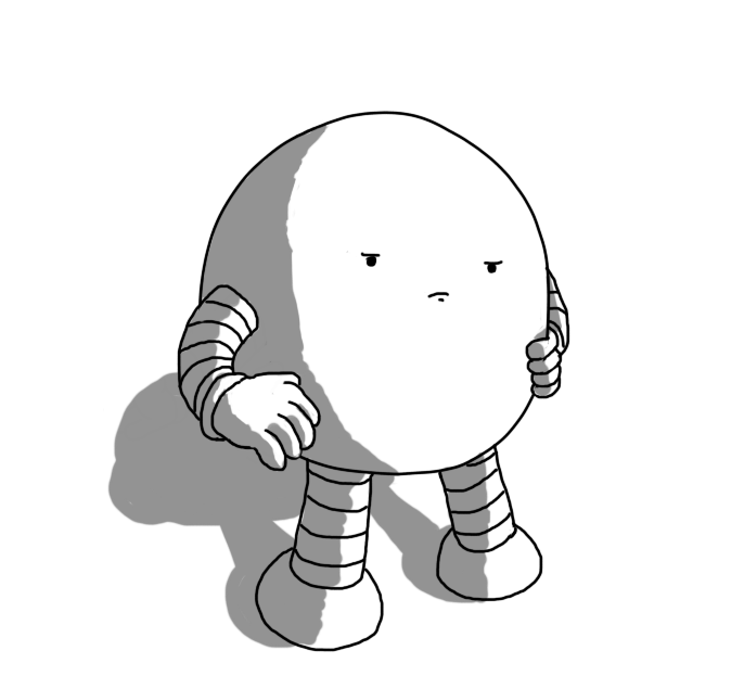 A round robot with banded arms and legs, standing with its hands on its hips with a smouldering look on its face.