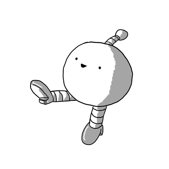 A spherical robot with an antenna and two banded legs. It has little, shiny heeled shoes on and is holding one up with a delighted expression on its face as it shows it off.