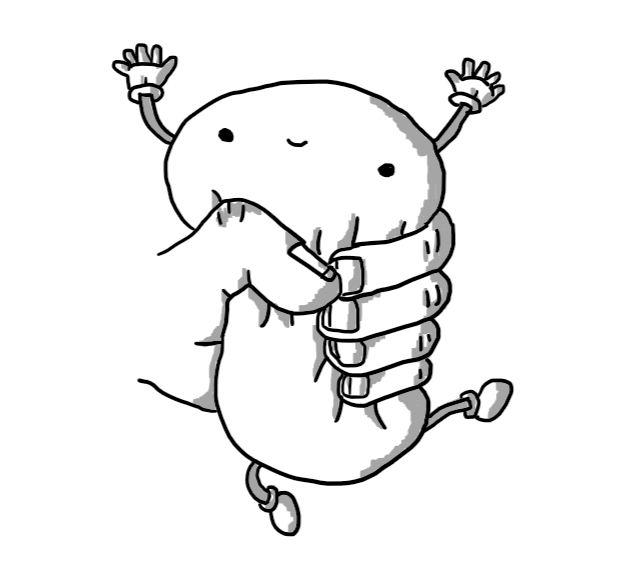 An amorphous robot with little arms and legs and a happy, somewhat vacant expression on its face, being squeezed tightly by a large human hand.