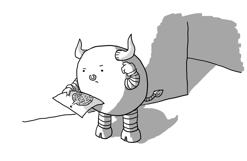 An ovoid robot with hooves, horns and a nose ring (despite not having a nose), standing in a corridor and scratching its head as it looks down at a map of a labyrinth with a perplexed expression on its face.