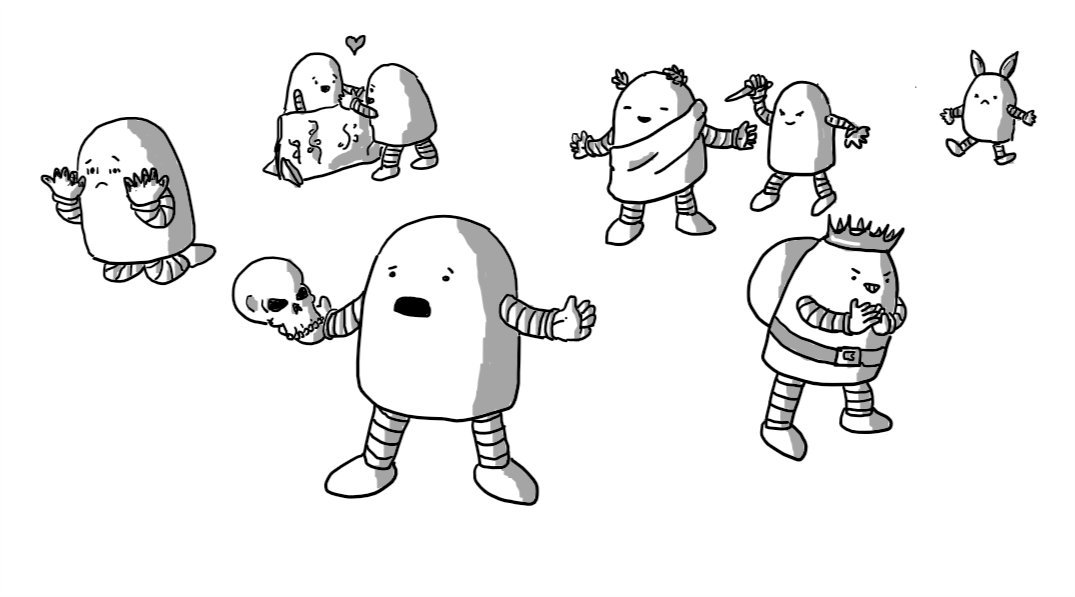 A selection of round-topped robots, performing scenes from Shakespeare plays: one is on its knees staring at blood on its hands, two are swooning over a stage scenery balcony, one is delivering a soliloquy holding a skull, one is dressed in Roman toga and laurels being snuck up on by another weilding a knife, one is wearing a hump and a crown and grinning evilly, and one has donkey ears and looks upset about it.