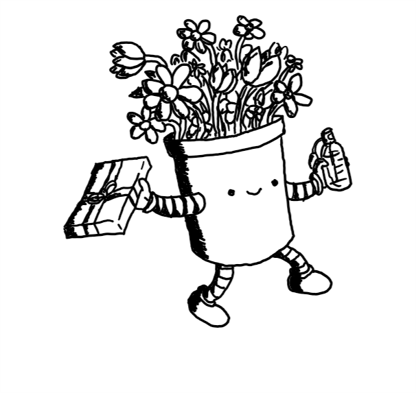 A robot in the form of a plant pot with arms and legs and a nice smiling face. In one hand it holds a wrapped, rectangular box and in the other a bottle of perfume. From its top sprouts a big bunch of flowers.