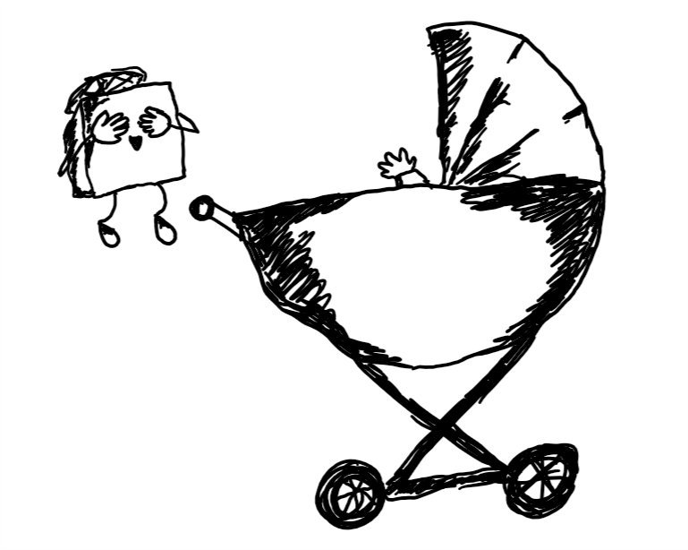 a cubic robot with a propeler on top and thin, flexible limbs, covers its eyes with its hands to entertain a baby represented by a chubby hand emerging from an old-fashioned pram. the robot looks very happy.