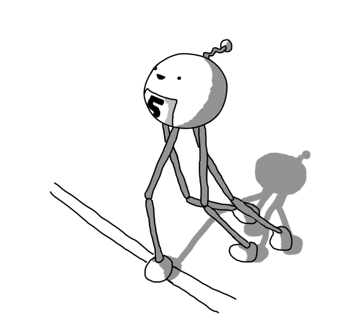 A spherical robot with four long, jointed legs. It has a zigzag antenna and the number 5 attached to a rectangle on its front. It's crossing a finish line and smiling happily.